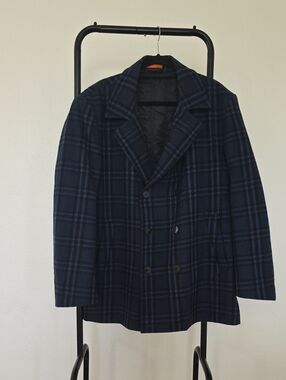 Men's Double-Breasted Plaid Overcoat - Navy